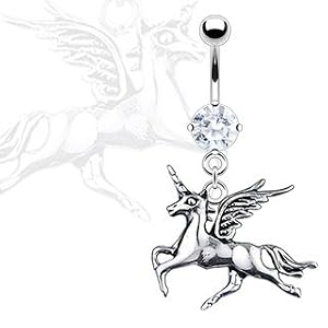 Beautiful Mystic Unicorn with Wings Charm Belly Navel Ring Silver Tone by Western Earrings