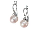 14K White Gold Earrings with Bezel Set Diamonds, Set with Cultured Pearls