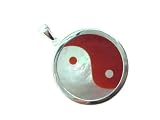 Red Jade and Mother Of Pearl Ying-Yang Pendant, 925 Sterling Silver
