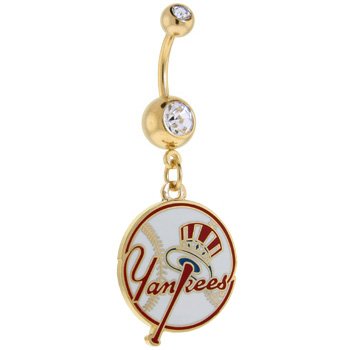 Mlb New York Yankees Double Crystalline Gem Gold Belly Ring