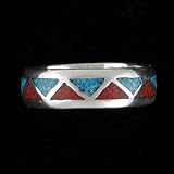 Sterling Silver, Turquoise and Coral Chip Inlay Ring for Men or Women Size 6, #1773