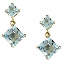 Princess Blue Topaz Dangle Earrings in Solid Yellow Gold