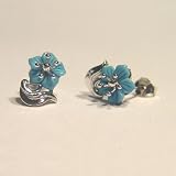 Blue Turquoise Carved Flower Silver Stud Earrings