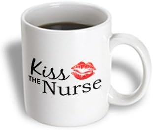 3dRose mug_151645_2 Kiss The Nurse-Humorous Funny Nurses Day Gifts-Flirty Red Lipstick Mark Kisses-Cheeky Fun Ceramic Mug, 15-Ounce
