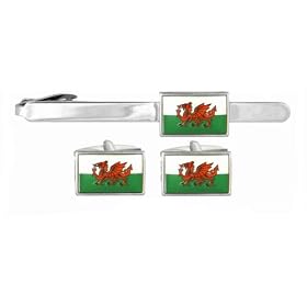 Rhodium plated and enamel welsh dragon cufflinks and tie clip set by Cufflinks House