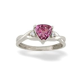 14K White Gold Genuine Trillion Pink Tourmaline and Diamond Ring
