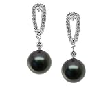 Natural Black Tahitian Round Pearl & Diamond Earrings in 14kt White Gold