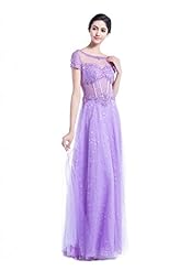Sexy A-line Short Sleeves Tulle Beaded Applique Sheer Lace Floor Length Evening Dress/Prom Dress/Party Dress 