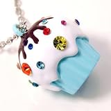 XX-Large Yummy 3d Light Blue Cupcake with Icing Charm Necklace with TONS Crystals & Chocolate Drizzled