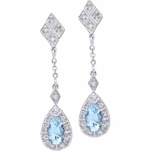 14K White Gold Pear Shape Aquamarine and Diamond Dangling Earrings
