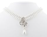 Sensational Silver Bow and White Pearl Necklace & Clip On Earring Set - White Bridal or Mother of the Bride Jewelry