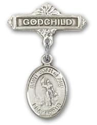 Sterling Silver Baby Badge with St. Joan of Arc Charm and Godchild Badge Pin