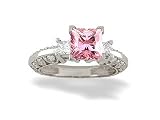 14K White Gold Square Created Pink Sapphire and Diamond Engagement Ring