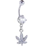 Crystalline JEWELED POT LEAF Dangle Belly Ring