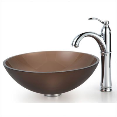 Kraus C-GV-103FR-12mm-1005ORB Frosted Brown Glass Vessel Sink and Riviera Faucet, Oil Rubbed Bronze