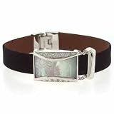 Genuine Black Leather with Genuine Mother of Pearl and Simulated Diamond CZ Bracelet