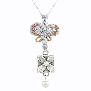 Square Flower Pendant in Sterling Silver with Pearl Bemstone Bead on a 16" Macrame Knotted Choker Necklace, #8060