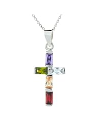 Cross Charm Sterling Silver Multi-Color Gem Stones Necklace .925 23mm
