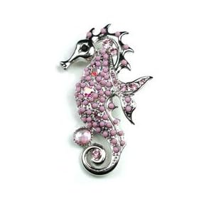 Pink Color Austrian Rhinestone & Beads Sea Horse Design Silver-Tone Brooch Pin