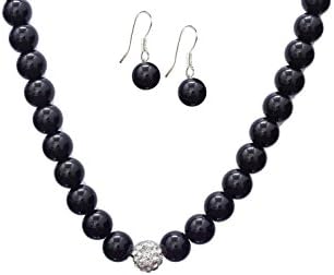 Formal Black Color Faux Pearl Necklace & Black Faux Pearl Stud Earrings - Jewelry SET
