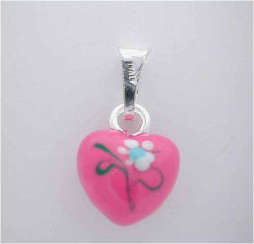 Silver Pink Flower HEART CHARM Pendant ITALY