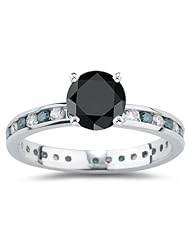 2.10 Cts Black,Blue & White Diamond Ring in 14K White Gold