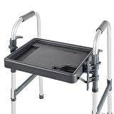 Walker Tray - Provides convenient assistance for a variety of everyday activities. - Molded with details for cups and pen holders. - Sloped corners for easy cleaning. - Clip-on brackets for easy attachment. - Folds out of the way when not in use. - Five-pound weight limit.