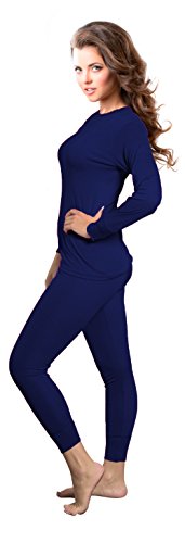 Rocky Womens Thermal 2 Pc Long John Underwear Set Top and Bottom Smooth Knit (Medium, Navy)