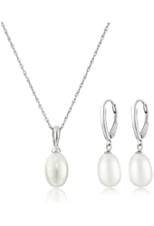 Sterling Silver Freshwater Cultured Pearl Drop Earrings and Pendant Necklace Jewelry Set