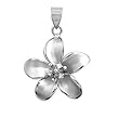 Sterling Silver Pendant - Flower - Clear Cubic Zirconia - Satin Finish - 24mm Height