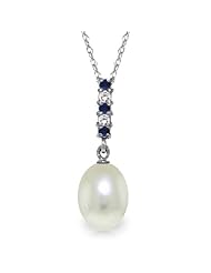 14K Gold Genuine Pearl, Sapphires & Diamonds Drop Pendant Necklace