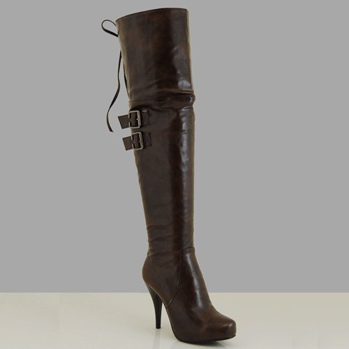 BREANNA Women Thigh High Stiletto Heel Dress Boots Brown