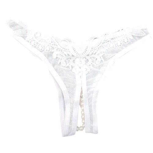 Juanshi Women Open Crotch Pearl Beads T-back Lingerie G-string Color White
