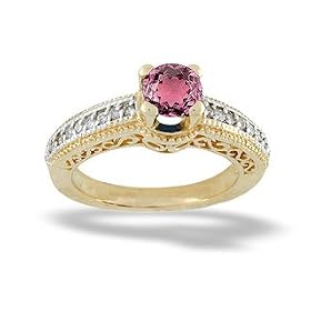 14K Yellow Gold Genuine Round Pink Tourmaline and Diamond Ring