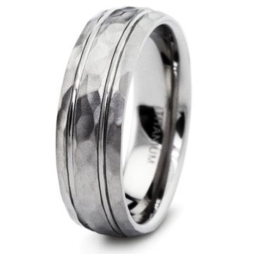 Double Grooved Hammered Finish Titanium Wedding Band Ring