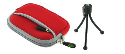 Neoprene Sleeve Case (Red) and Spider Tripod for Canon PowerShot A1100IS Digital Camera Green