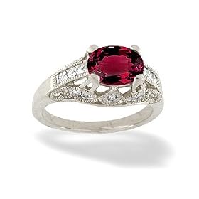 14K White Gold Oval Created Ruby and Diamond Antique Style Ring by Jewels For Me