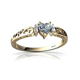 14K Yellow Gold Heart Genuine Aquamarine Filligree Ring