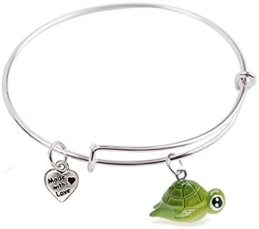 65mm, Expandable Bangle bracelet with 3-D Resin Baby Sea Turtle and Heart Charm, Qty:1