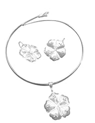 .925 Sterling Silver Hibiscus Set Earrings, Pendant, Omega Necklace