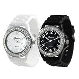 Women's Geneva TWO Black & White Platinum Silicone Rubber Jelly with CZ Crystal Rhinestones Face Bling Bezel