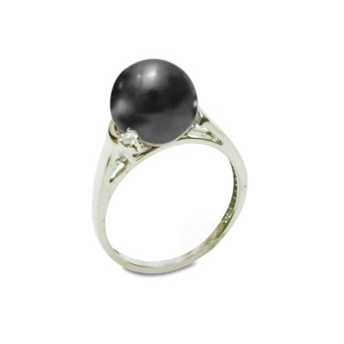 Sterling Silver 10mm Black Shell Pearl and Cubic Zirconia Ring, Size 7
