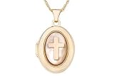 14K Yellow Gold Mother Of Pearl Cross Motif Locket w/ Chain