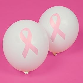 Click here to buy 48 White Pink Ribbon Latex Balloons Breast Cancer by Oriental Trading.