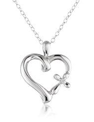 Sterling Silver Diamond "The Greatest Love" Symbolic Heart with Cross Pendant Necklace (0.01 cttw, I-J Color, I2 Clarity), 18"