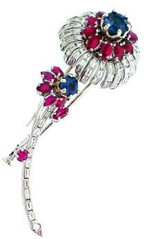 An Estate 6.83 ct tw Diamond, Sapphire and Ruby Art Retro Brooch/Fur Clip