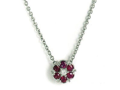 14K White Gold 9MM Flower Pendant Enhanced with Ruby and Prong Set Diamonds on a 16'' Cable Chain.