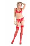 3 PC. Soft bra and garter set with floral embroidery, adjustable garters, and matching thong.