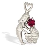 14K White Gold Round Created Ruby Mother with Child Pendant