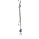 Sterling Silver Lariat Necklace with White and Black Pearls